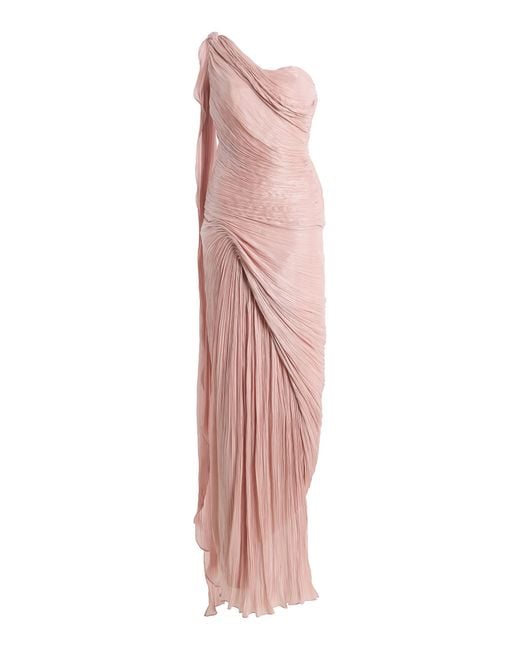 Marmar Halim Pink Exclusive One-Shoulder Draped Hand-Pleated Silk Roseya Gown