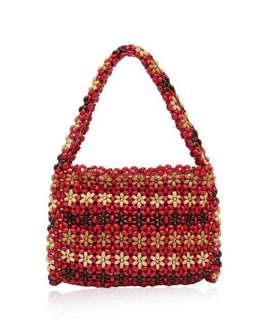 ALÉMAIS Red Wood Bead Flower Barrel Bag
