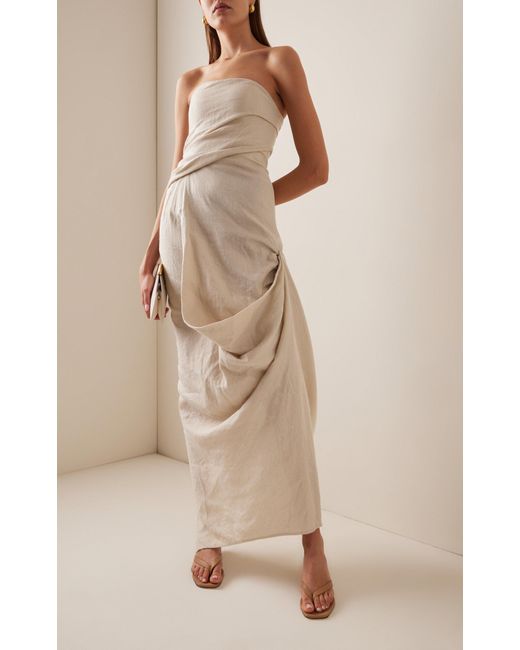 Staud White Caravaggio Draped Linen Maxi Dress