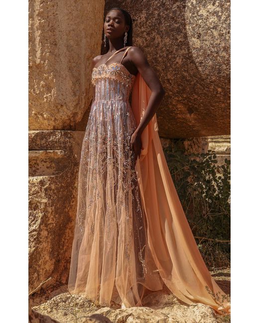 Georges Hobeika Brown Embellished Tulle Maxi Dress