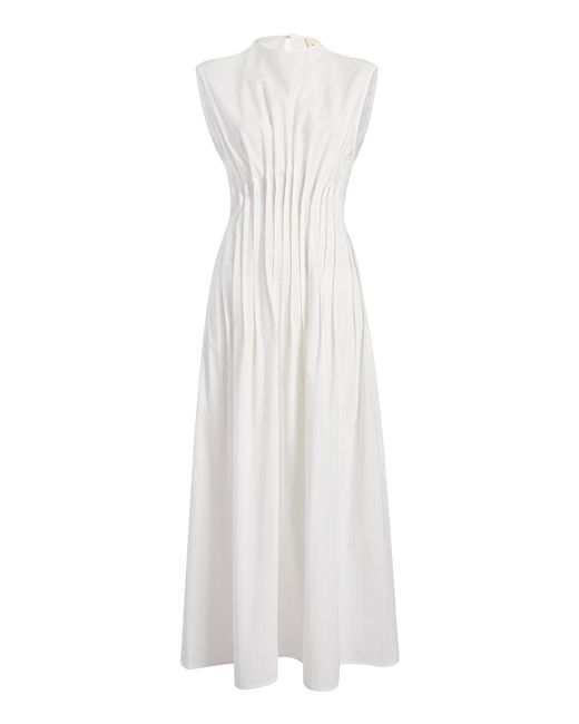 Khaite White Wes Pleated Cotton Midi Dress