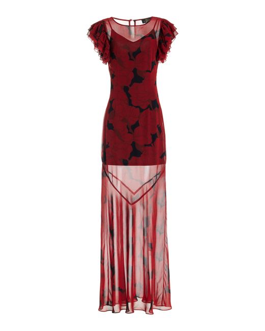 De La Vali Red Bougainvillea Chiffon Maxi Dress