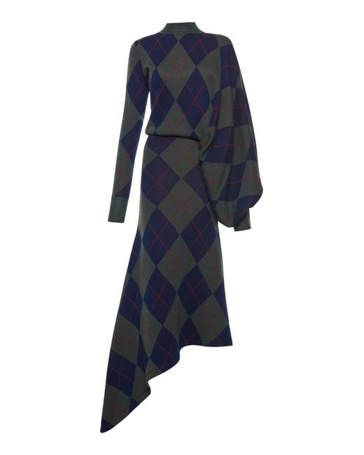 A.W.A.K.E. MODE Blue Argyle-Knit Wool Midi Dress