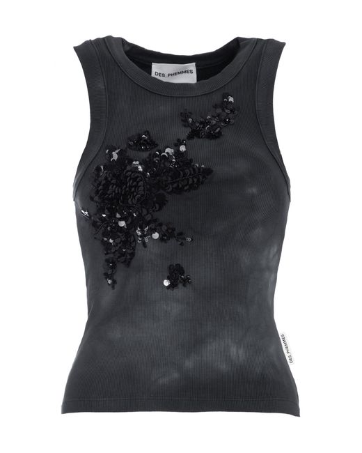 DES_PHEMMES Black Embellished Stretch-Cotton Tank Top