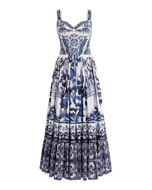 Dolce & Gabbana Blue Printed Cotton-poplin Midi Dress