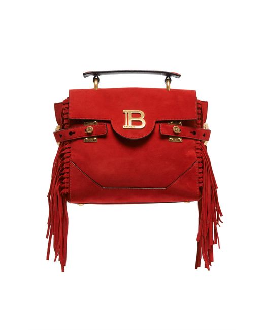 Balmain Red B-buzz 23 Fringe-trimmed Suede Top Handle Bag