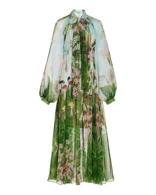 Oscar de la Renta Green Floral Silk Caftan