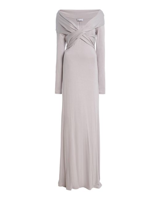 Mel Usine Gray Orleans Draped-Bust Portrait-Neck Maxi Dress