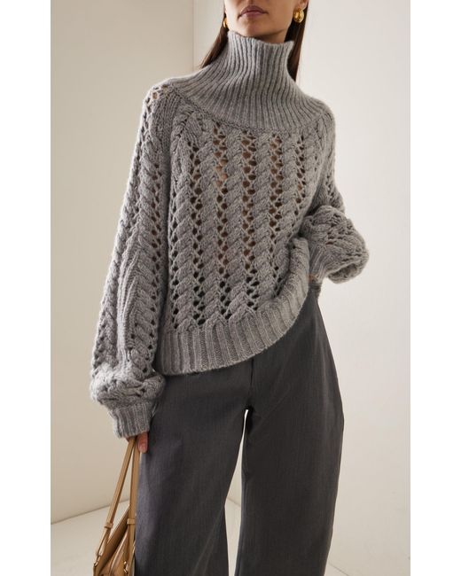 Adam Lippes Gray Open Knit Cashmere Turtleneck Sweater