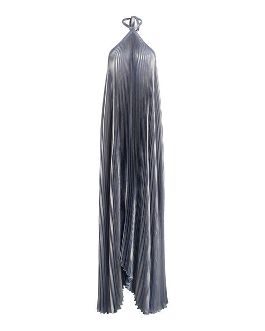 L'idée Blue Deesse Pleated Halter Gown