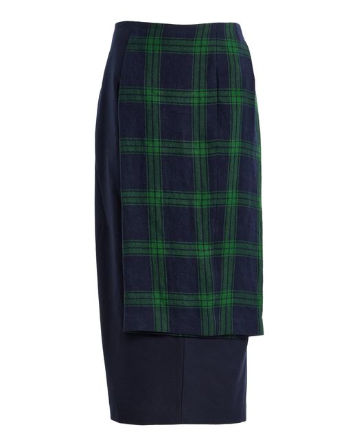 Ashlyn Green Twisted Plaid Cotton Midi Skirt