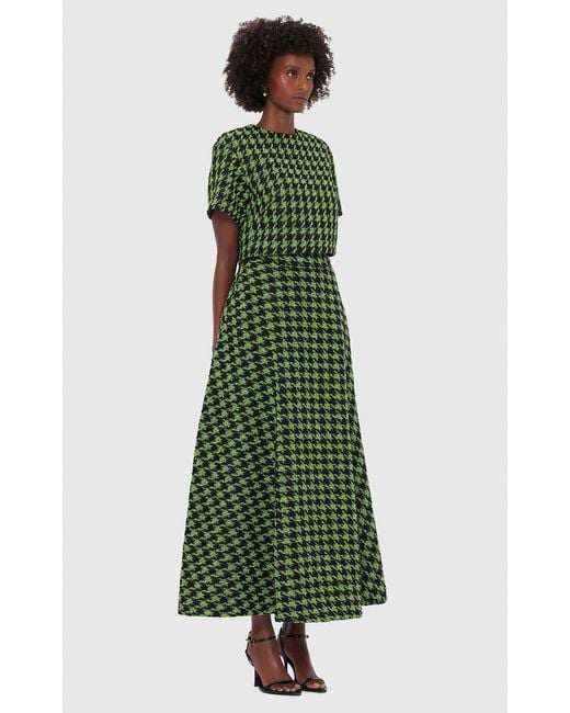 LEO LIN Green Rosalyn Houndstooth Tweed Maxi Skirt