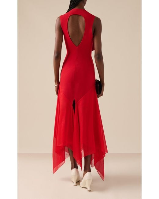 A.W.A.K.E. MODE Red Organza-Paneled Knit Maxi Dress