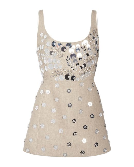 Giambattista Valli Natural Embroidered Linen Toile Mini Dress