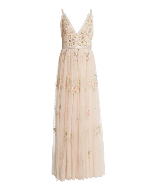 Needle & Thread Pink Petunia Floral-embroidered Tulle Gown