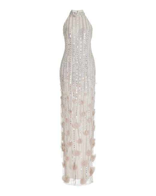 Pamella Roland White Crystal-embellished Tulle Halter Gown