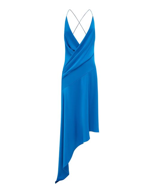 Alex Perry Blue Asymmetric Wrap Satin Crepe Midi Dress