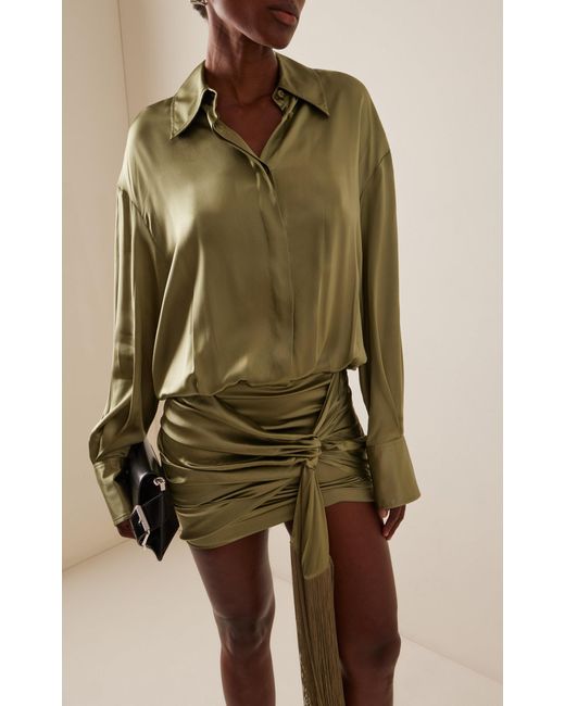 The Attico Green Fringe-detailed Silk Mini Shirt Dress