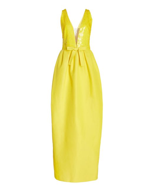Monique Lhuillier Yellow Sequined Silk-cotton Maxi Dress