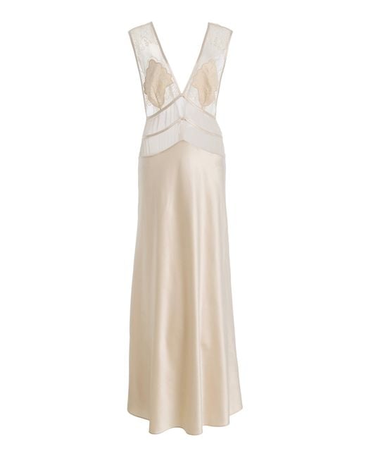 Sleeping with Jacques White Exclusive Pascal Lace-Inset Silk Maxi Dress