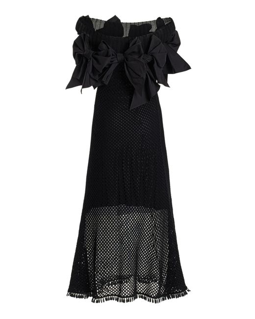 Oscar de la Renta Black Bow-detailed Off-the-shoulder Knit Cotton Midi Dress