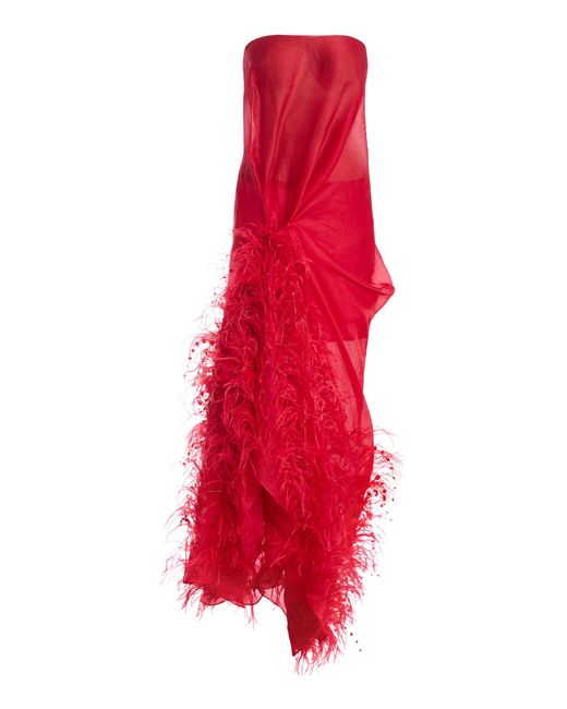 Atelier Prabal Gurung Red Satin-Faced Silk Organza Hand-Draped Knotted Sari Dress