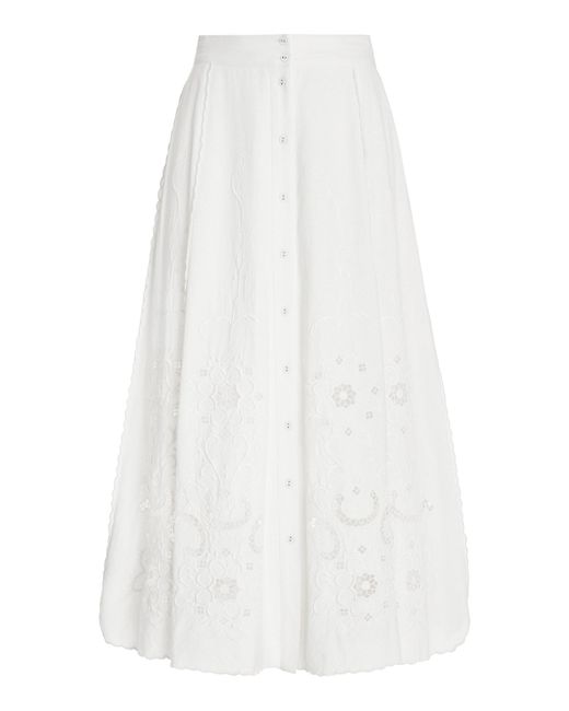 Sea White Kiara Embroidered Button-front Cotton Midi Skirt