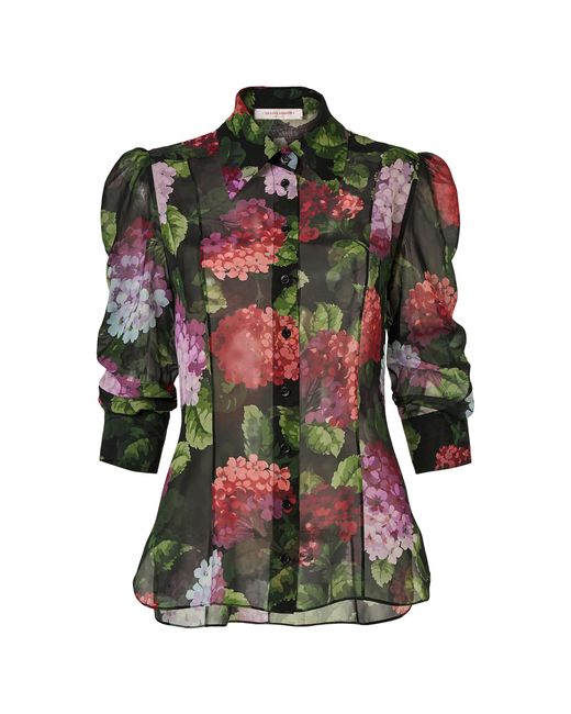 Carolina Herrera Black Collared Hydrangea-Printed Chiffon Top