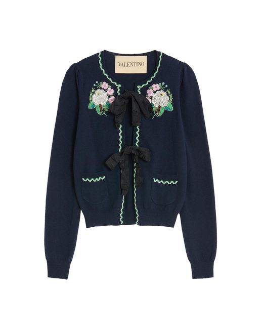 Valentino Garavani Blue Embroidered Virgin-Wool Cardigan