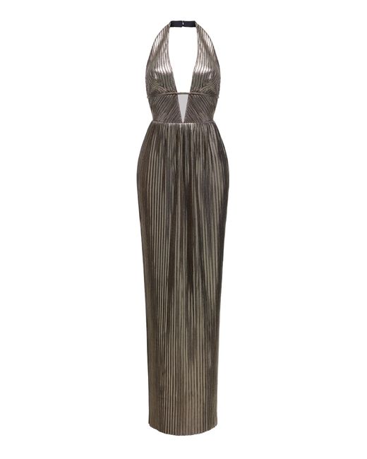 Rasario Metallic Plunge Pleated Maxi Dress