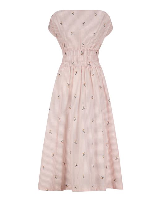 Lela Rose Pink Embroidered Striped Cotton Midi Dress