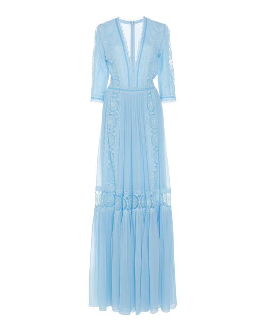 Costarellos Blue Lace-trimmed Embroidered Silk-chiffon Maxi Dress