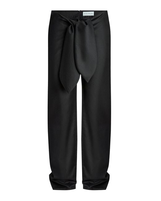 AYA MUSE Black Vest Tie-Detailed Wool Satin Straight-Leg Pants