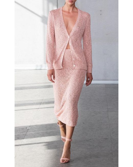 Carolina Herrera Pink Embellished Knit Cotton-blend Midi Skirt