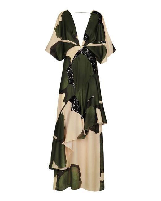 Johanna Ortiz Green Tesoro Escondido Embellished Silk Maxi Dress