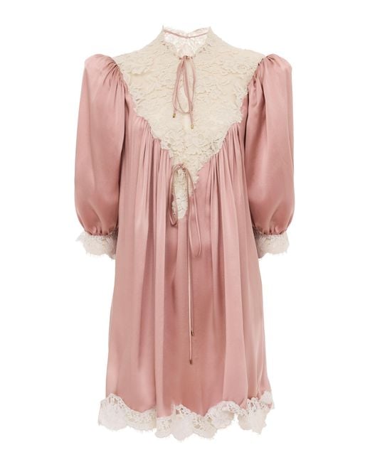 Chloé Pink Washed Silk Satin Lace-Trimmed Mini Dress