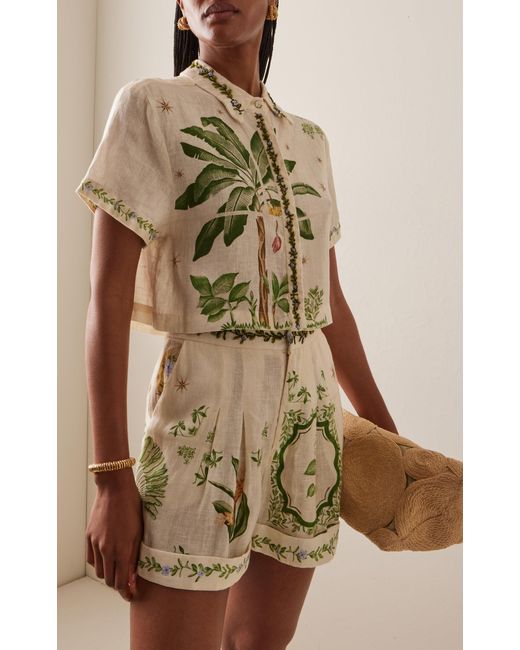 Agua Bendita Metallic Linen Embroidered Palm Print Shirt
