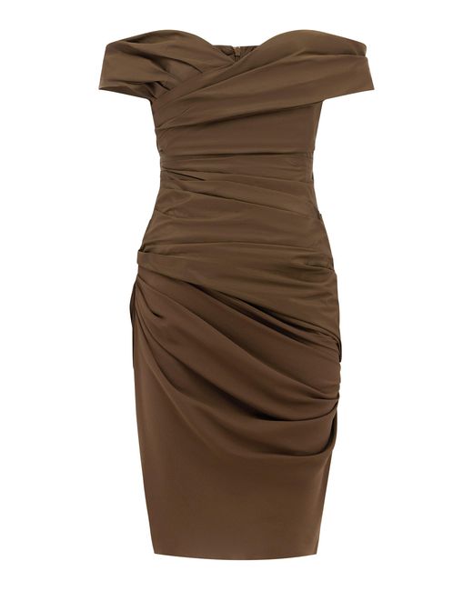Alex Perry Brown Off-Shoulder Tucked Taffeta & Georgette Mini Dress