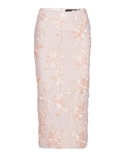 ROTATE BIRGER CHRISTENSEN Pink Floral-Appliquéd Mesh Midi Skirt