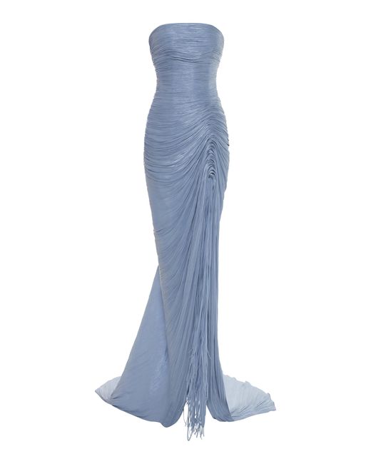 Marmar Halim Blue Detachable Cape Pleated Satin Gown