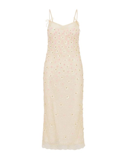 LoveShackFancy White Mirrian Embellished Lace Midi Dress