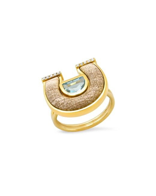 Sig Ward Metallic 14K Topaz; Petrified Wood And Diamond Ring