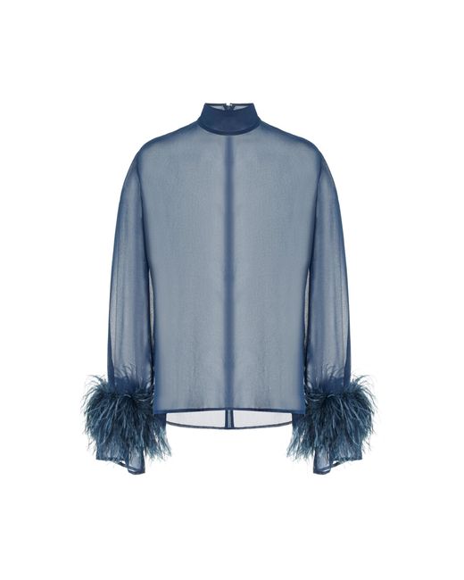 LAPOINTE Blue Feather-trimmed Sheer Georgette Top