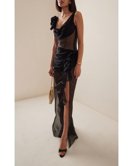 Alessandra Rich Black Rosette-detailed Draped Silk Organza Maxi Dress