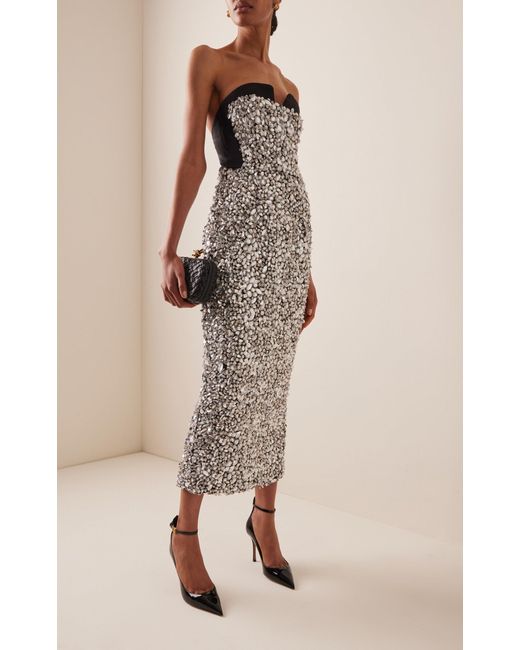 Carolina Herrera Strapless Embellished Faille Midi Dress in Gray