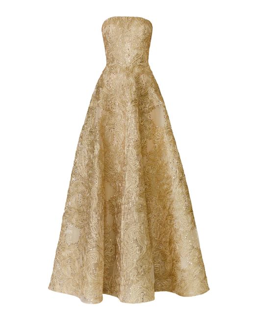 Naeem Khan Natural Metallic Raffia Bustier Strapless Gown