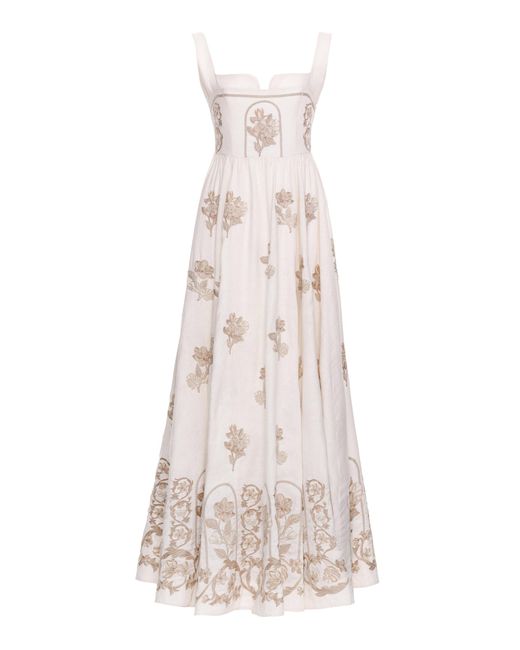 Agua Bendita Natural Jaspe Embroidered Linen Maxi Dress