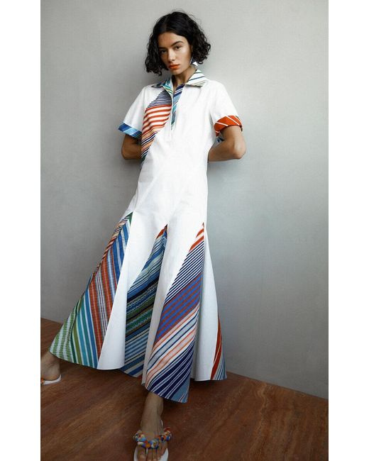 Rosie Assoulin White Plot Twist Striped Cotton Polo Shirt Dress