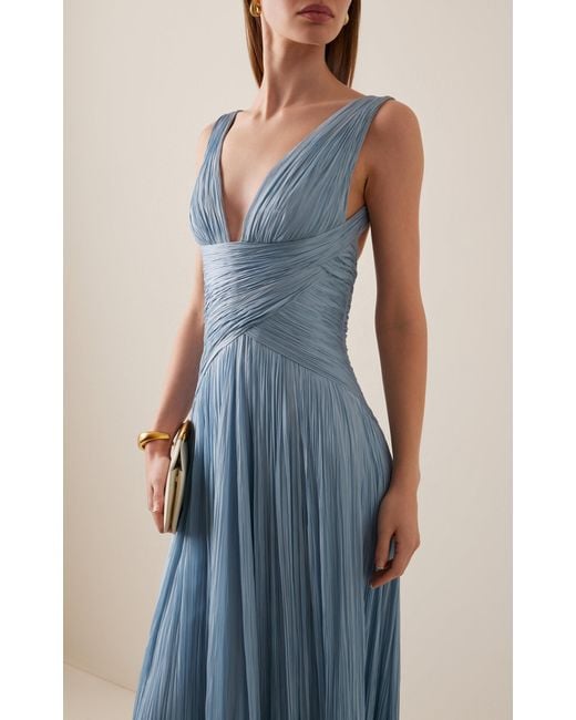 Marmar Halim Blue Lettuce Hem Pleated Silk Gown