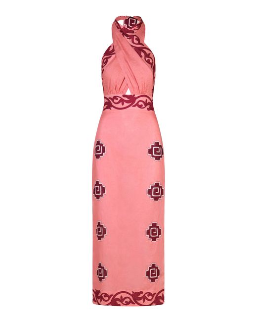 Johanna Ortiz Pink Energetic Patterns Linen Halter Midi Dress